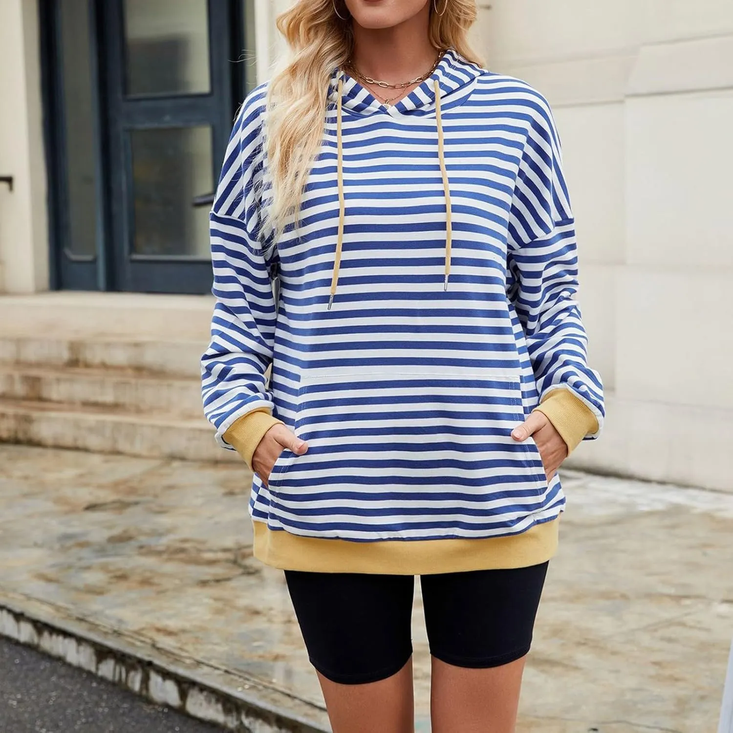 Womens Loose Striped Pullovers 2024 Fall Trendy Oversized Long Sleeve Hooded Sports Sweatshirt Casual Workout Hoodie