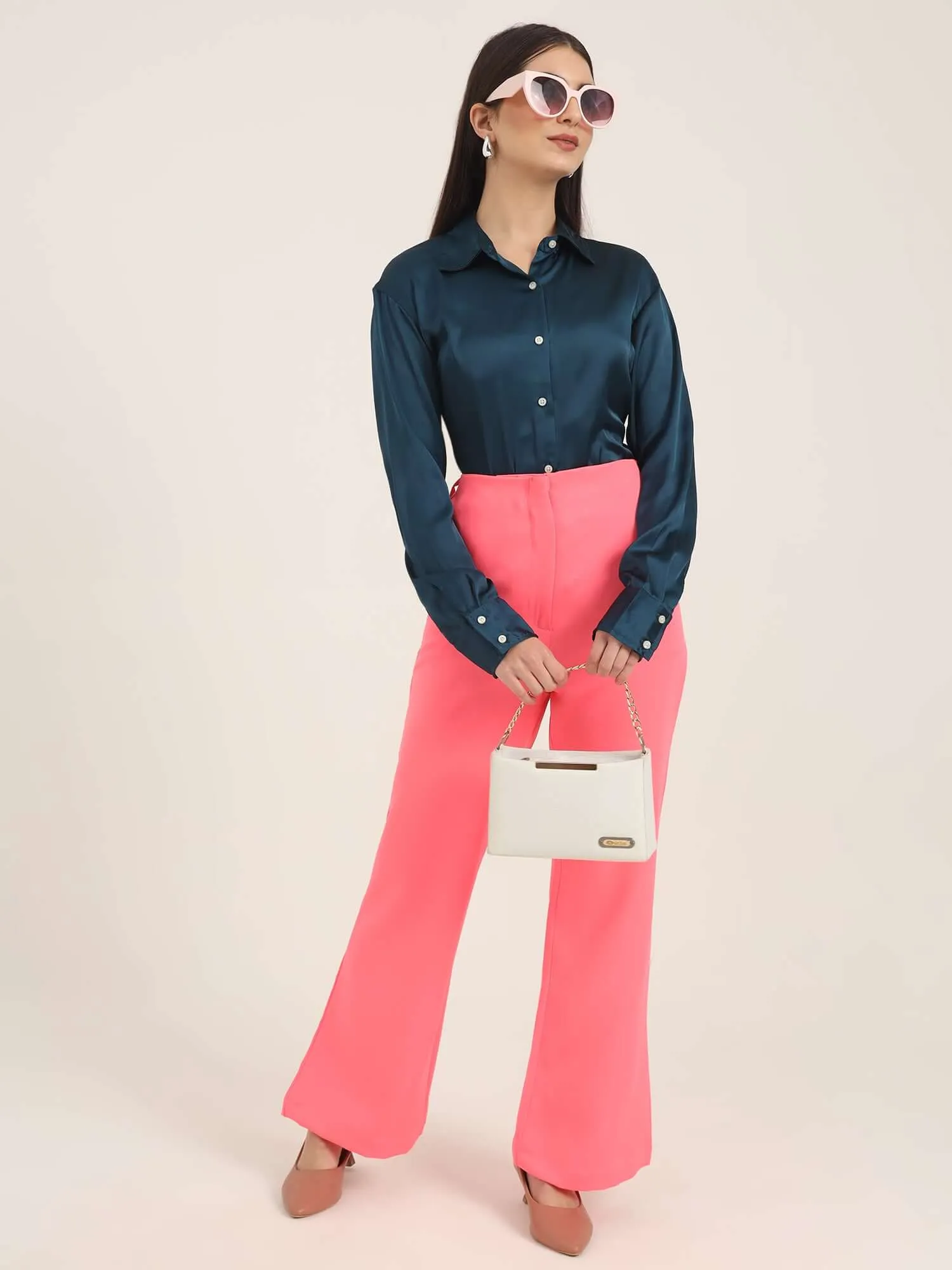 Women'S Luxury Banana Crepe Hot Pink Flared Trouser With Slash Pocket