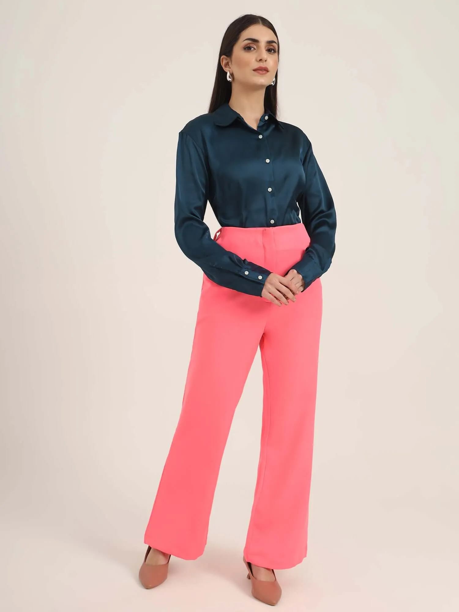 Women'S Luxury Banana Crepe Hot Pink Flared Trouser With Slash Pocket