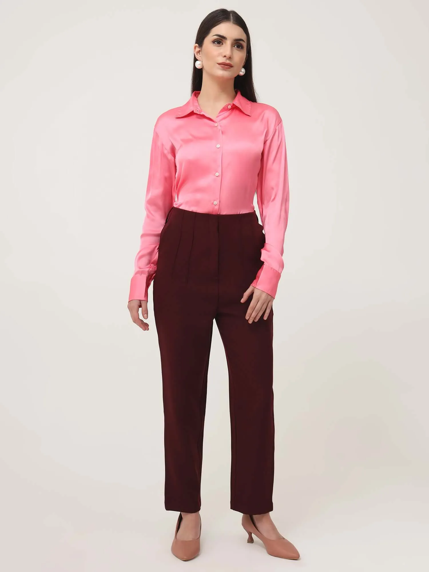 Women'S Luxury Banana Crepe Mahogany Skin Fit With Multi Pleated Trouser