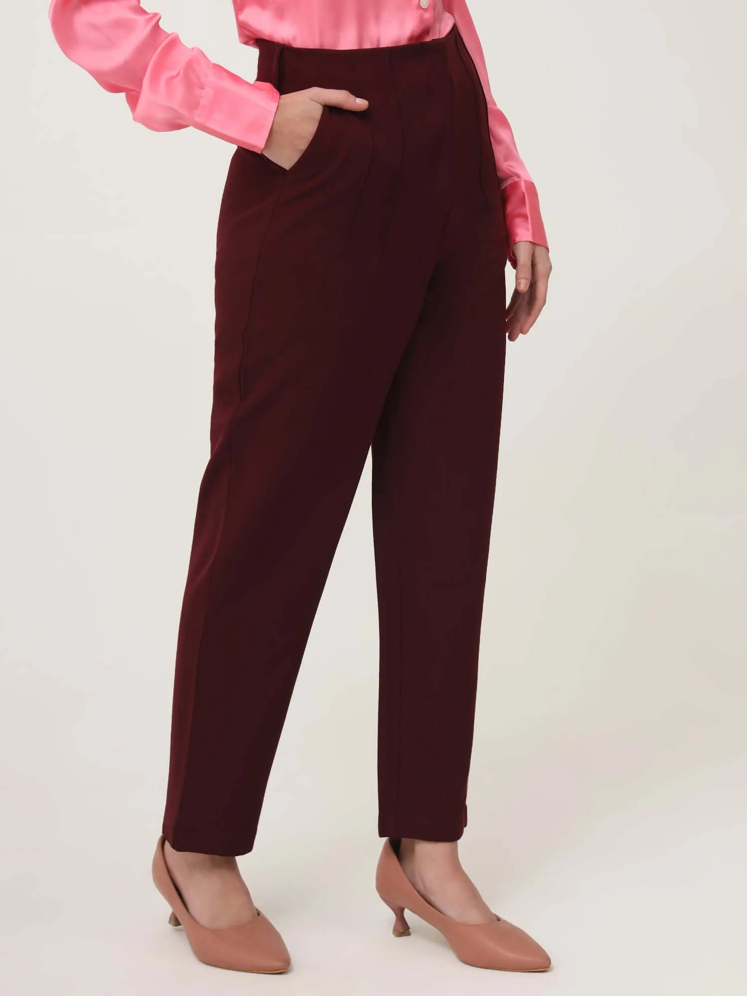 Women'S Luxury Banana Crepe Mahogany Skin Fit With Multi Pleated Trouser