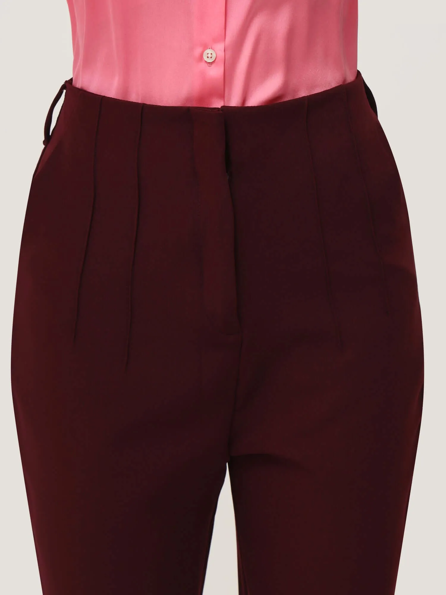Women'S Luxury Banana Crepe Mahogany Skin Fit With Multi Pleated Trouser