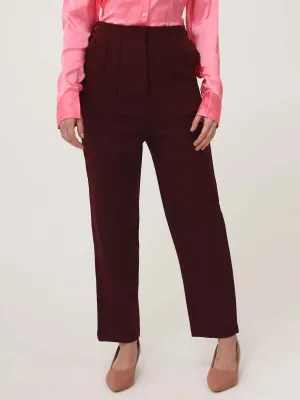 Women'S Luxury Banana Crepe Mahogany Skin Fit With Multi Pleated Trouser
