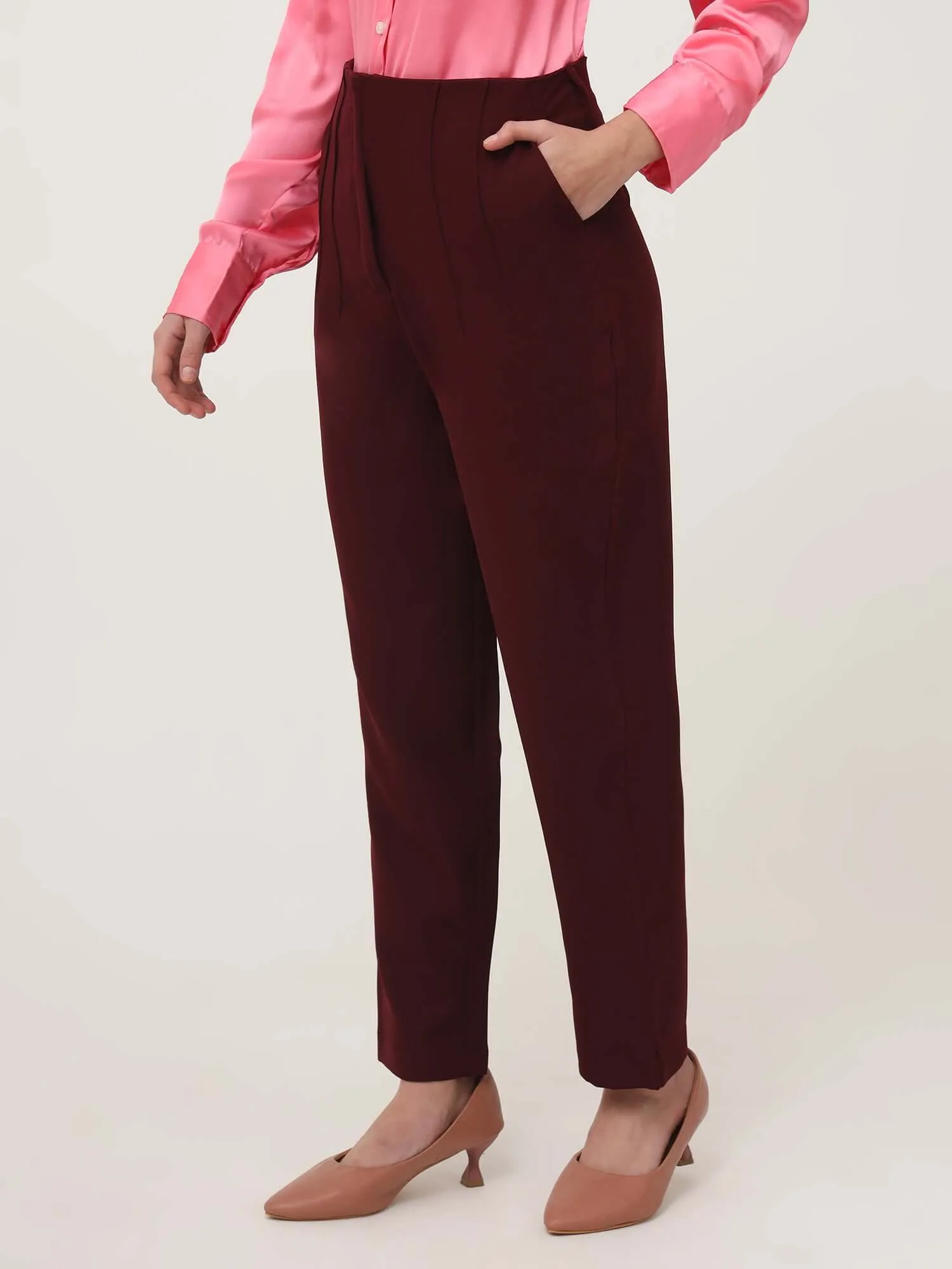 Women'S Luxury Banana Crepe Mahogany Skin Fit With Multi Pleated Trouser