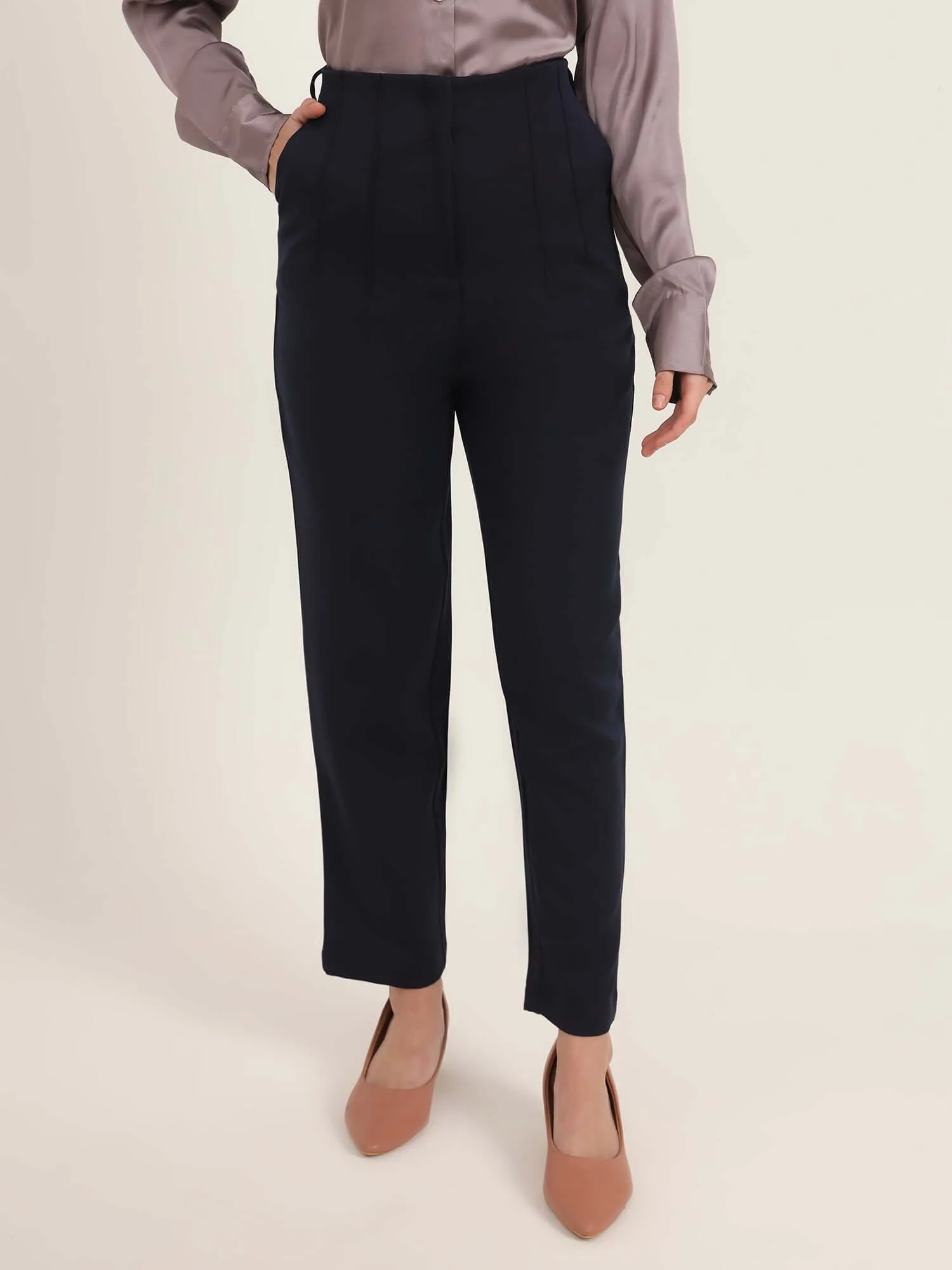Women'S Luxury Banana Crepe Navy Skin Fit With Multi Pleated Trouser