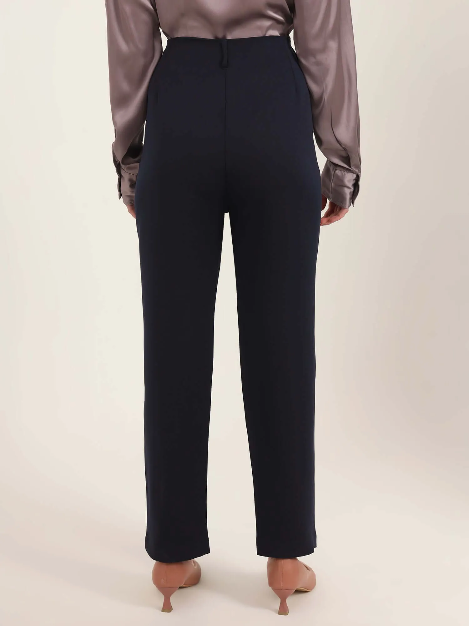 Women'S Luxury Banana Crepe Navy Skin Fit With Multi Pleated Trouser