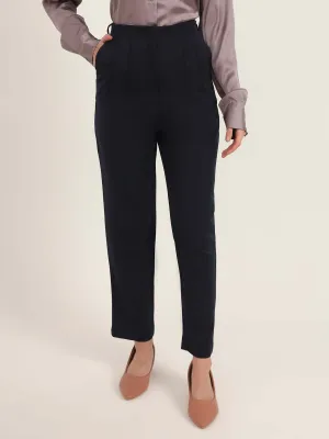 Women'S Luxury Banana Crepe Navy Skin Fit With Multi Pleated Trouser