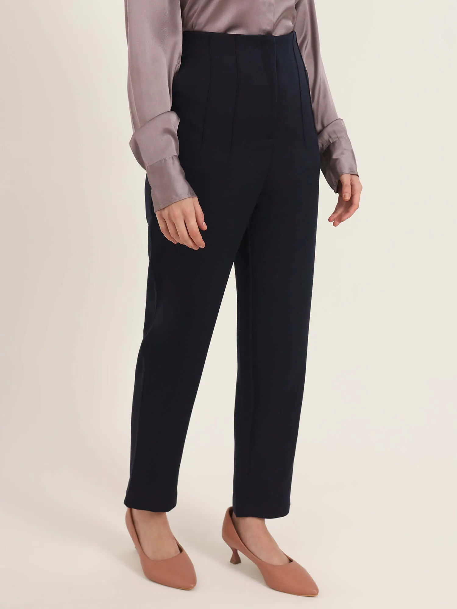 Women'S Luxury Banana Crepe Navy Skin Fit With Multi Pleated Trouser