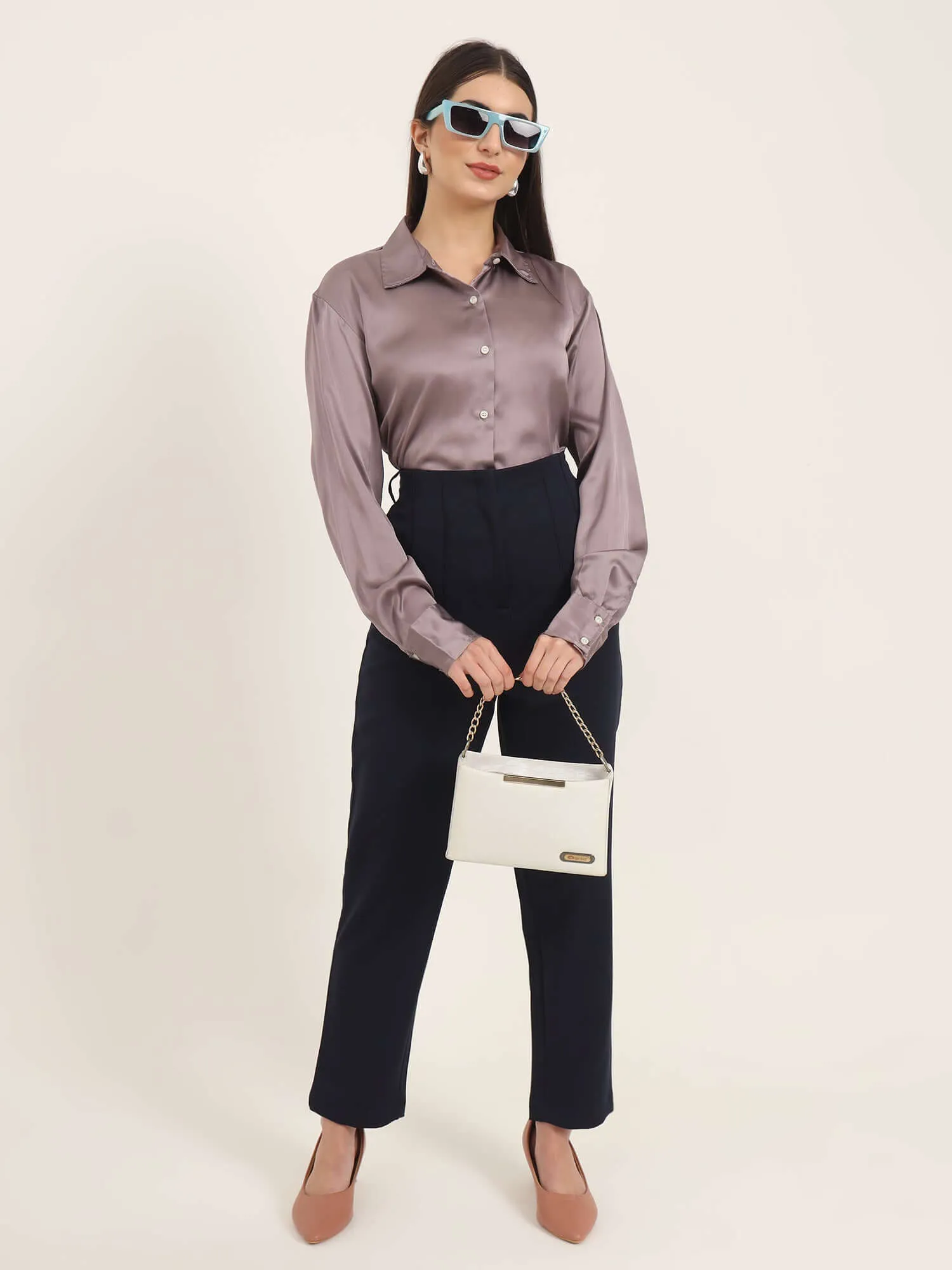 Women'S Luxury Banana Crepe Navy Skin Fit With Multi Pleated Trouser