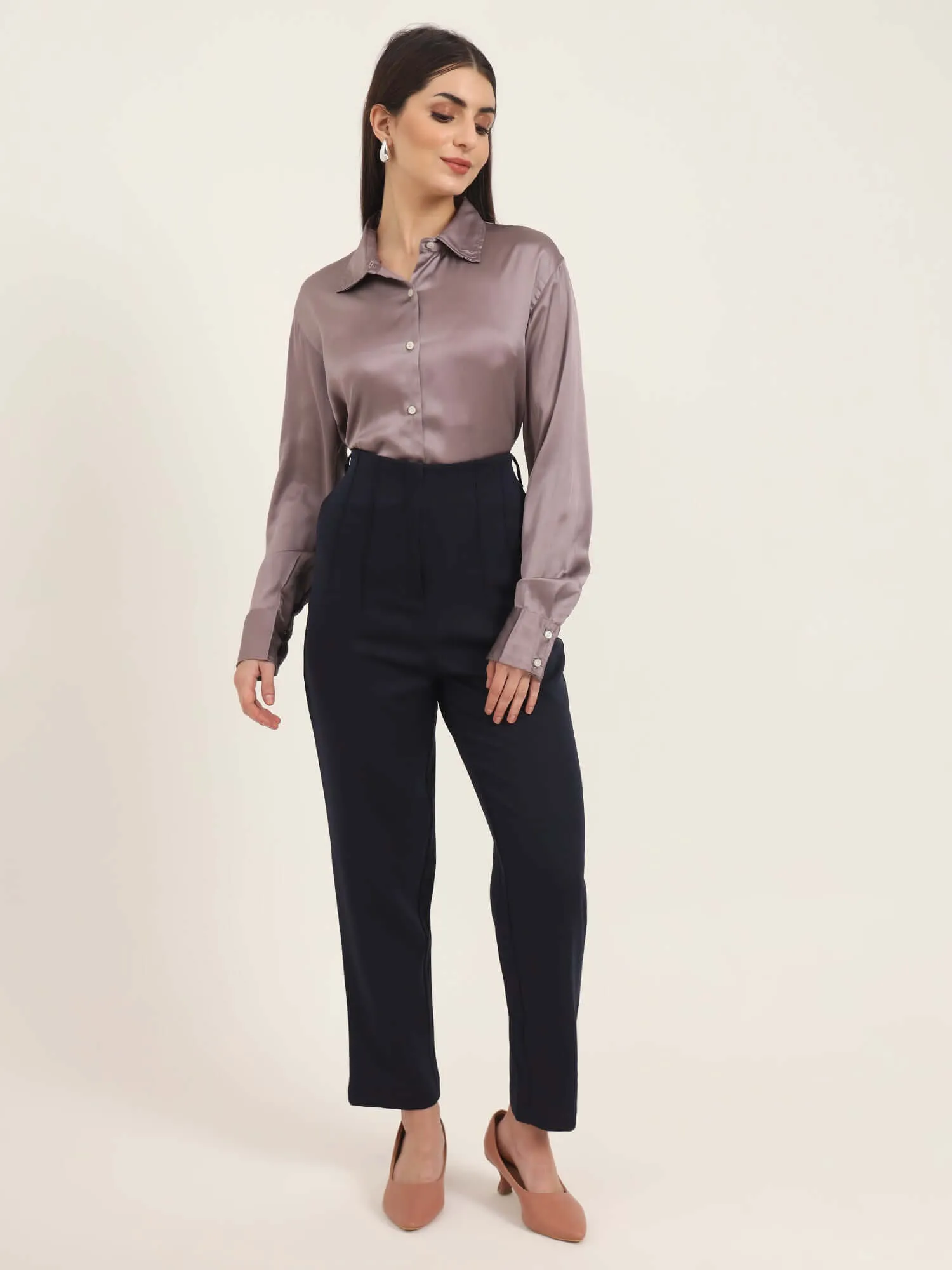 Women'S Luxury Banana Crepe Navy Skin Fit With Multi Pleated Trouser