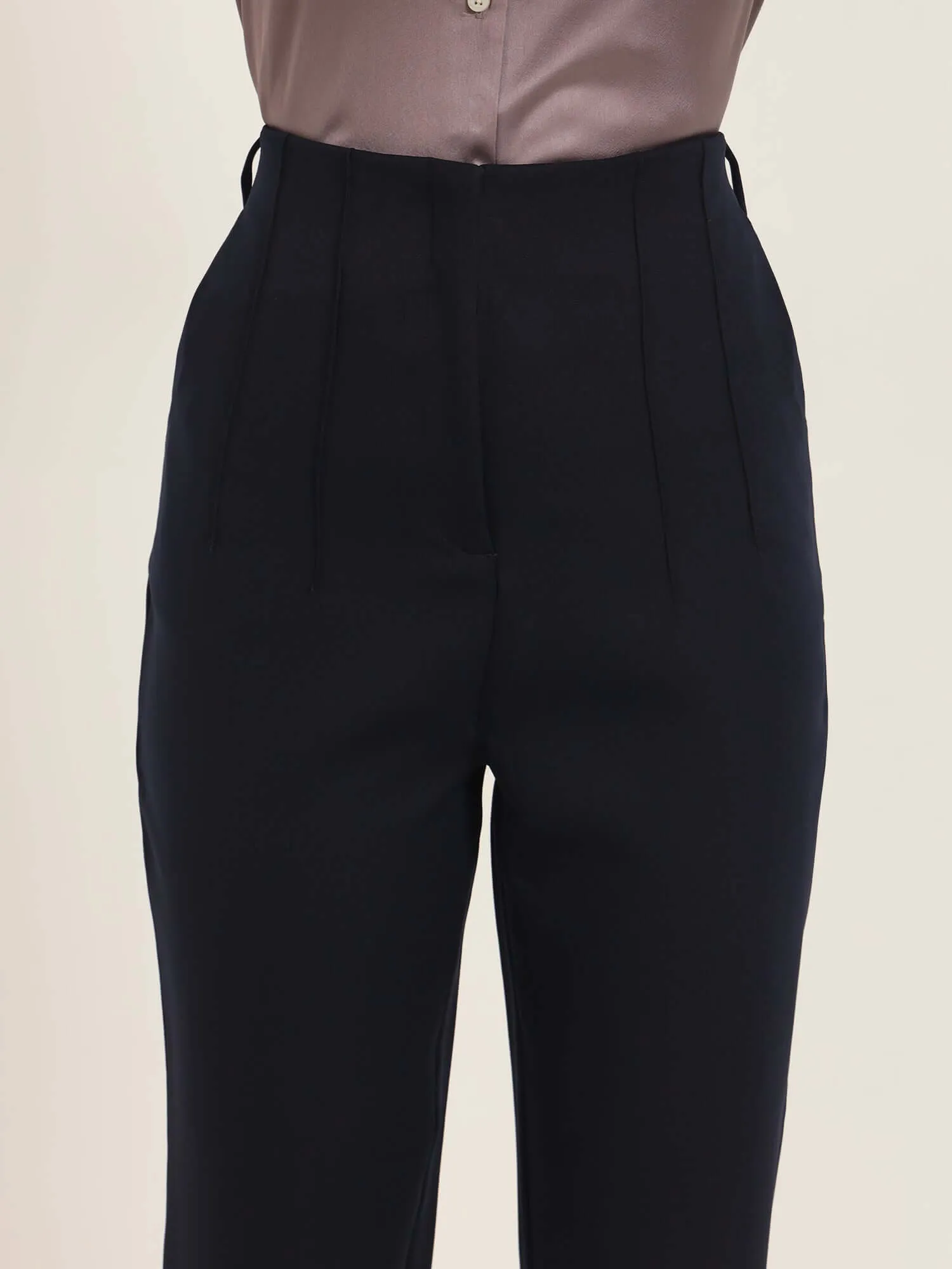 Women'S Luxury Banana Crepe Navy Skin Fit With Multi Pleated Trouser