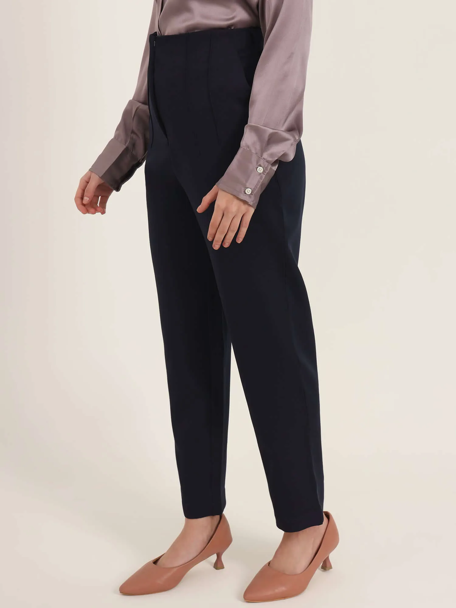 Women'S Luxury Banana Crepe Navy Skin Fit With Multi Pleated Trouser