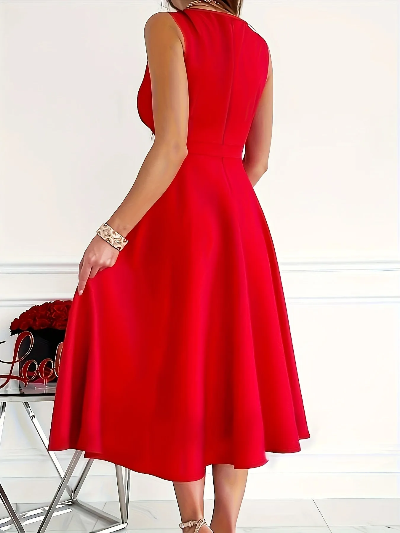 Women's Midi Dress - Sleeveless A-Line - Wrap V-Neck - Elegant Formal Wear