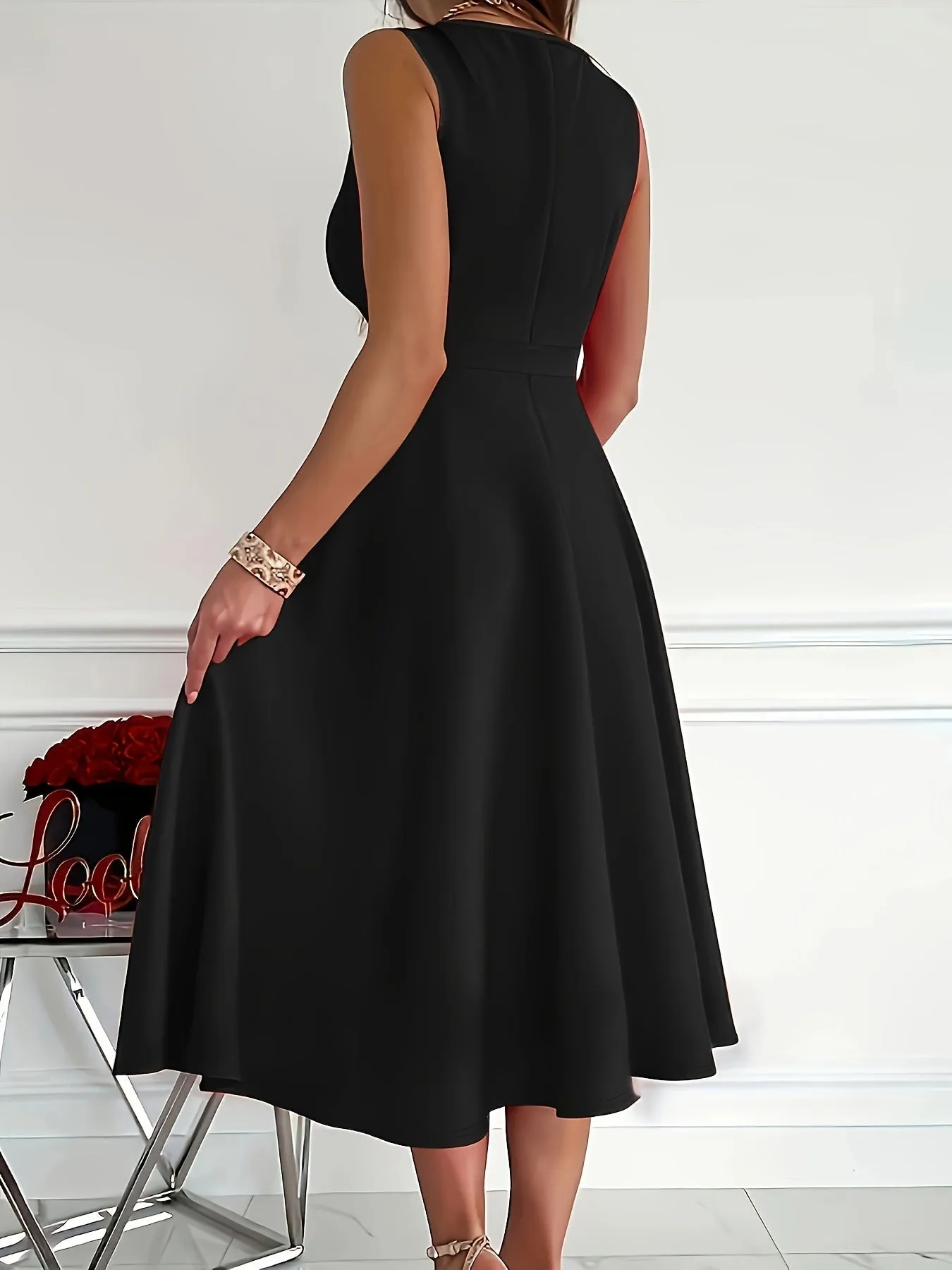 Women's Midi Dress - Sleeveless A-Line - Wrap V-Neck - Elegant Formal Wear