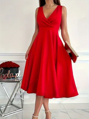 Women's Midi Dress - Sleeveless A-Line - Wrap V-Neck - Elegant Formal Wear
