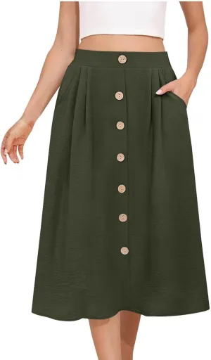 Womens Midi Skirts Button Front Casual Summer Skirt High Waisted A Line Work Skirts Flowy Beach Skirts with Pockets