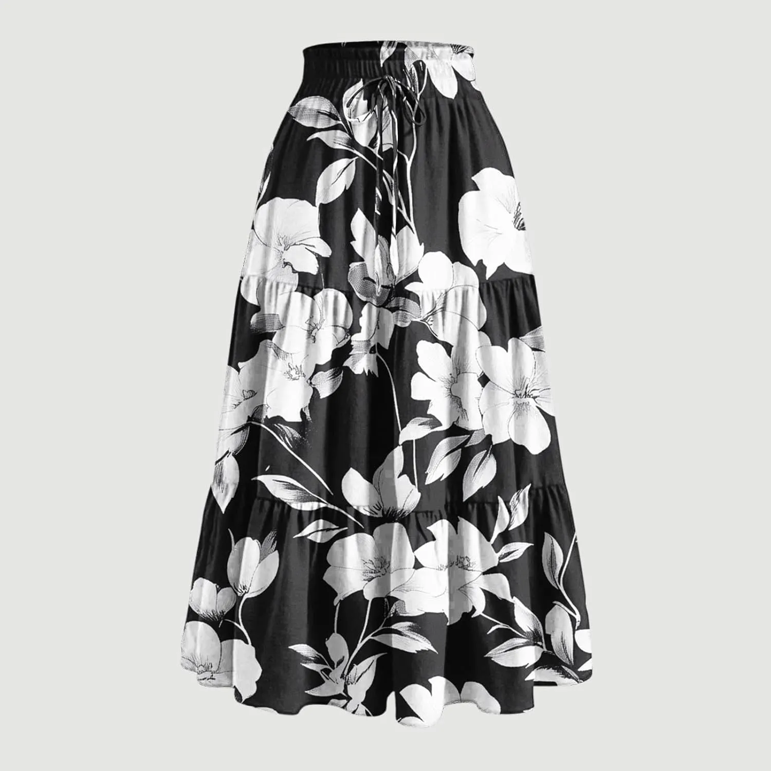 Womens Midi Skirts Trendy Loose Stretch Floral Print Boho Skirts Elastic High Waist A-Line Pleated Flowy Maxi Skirt