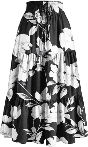 Womens Midi Skirts Trendy Loose Stretch Floral Print Boho Skirts Elastic High Waist A-Line Pleated Flowy Maxi Skirt