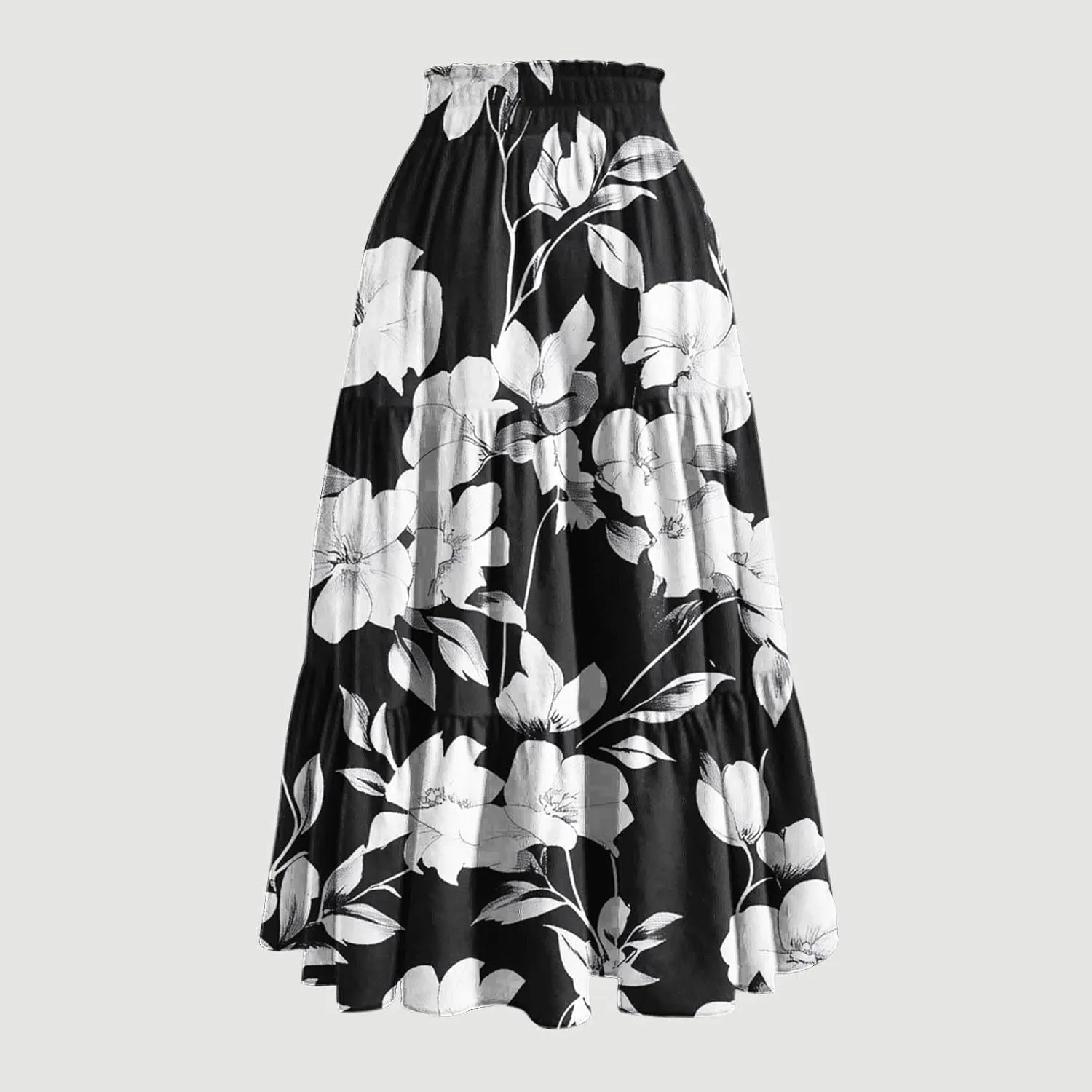 Womens Midi Skirts Trendy Loose Stretch Floral Print Boho Skirts Elastic High Waist A-Line Pleated Flowy Maxi Skirt
