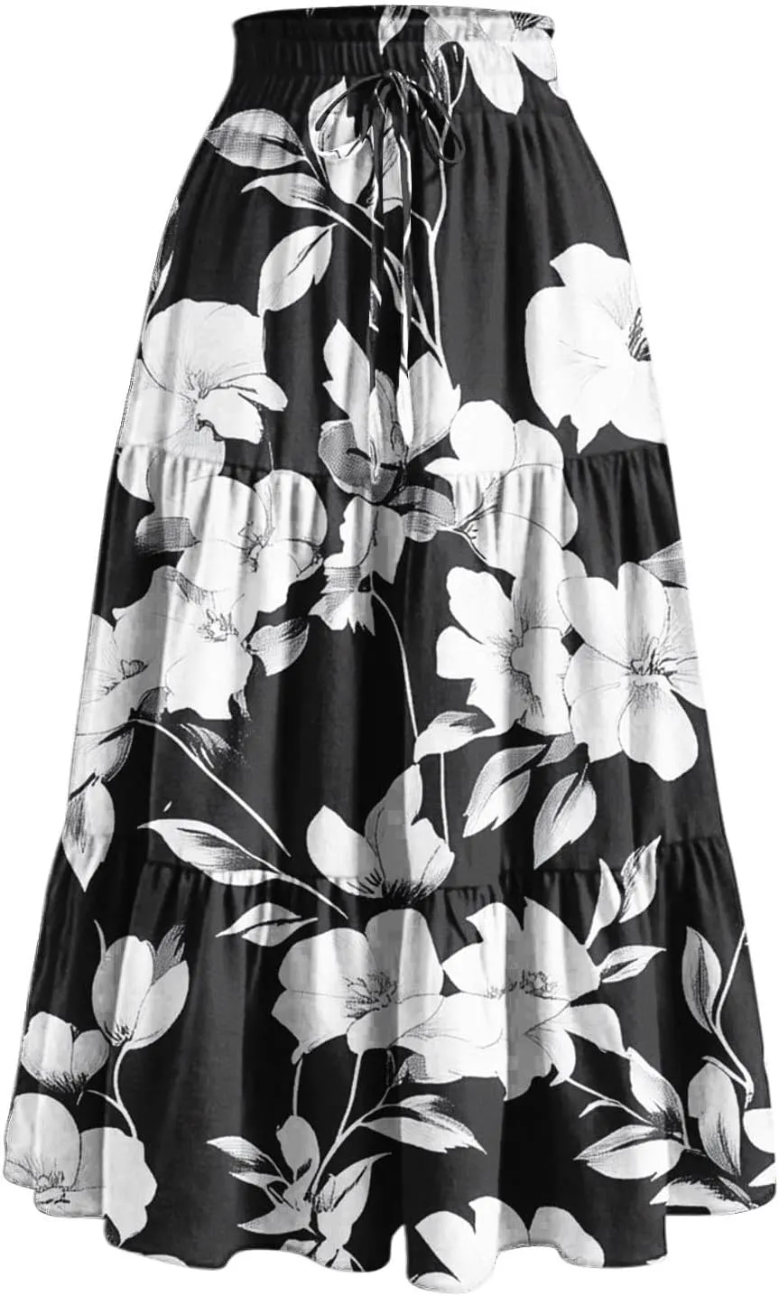 Womens Midi Skirts Trendy Loose Stretch Floral Print Boho Skirts Elastic High Waist A-Line Pleated Flowy Maxi Skirt