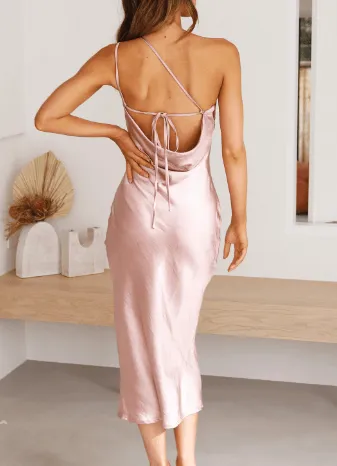 Women's Midi Slip Dress - Satin Fabric - One-Shoulder Elegant Formal Wear
