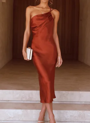 Women's Midi Slip Dress - Satin Fabric - One-Shoulder Elegant Formal Wear
