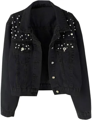 Womens Oversized Denim Jacket Embroidered Beading Pearls Short Jean Jacket Fashion Botton Down Coat