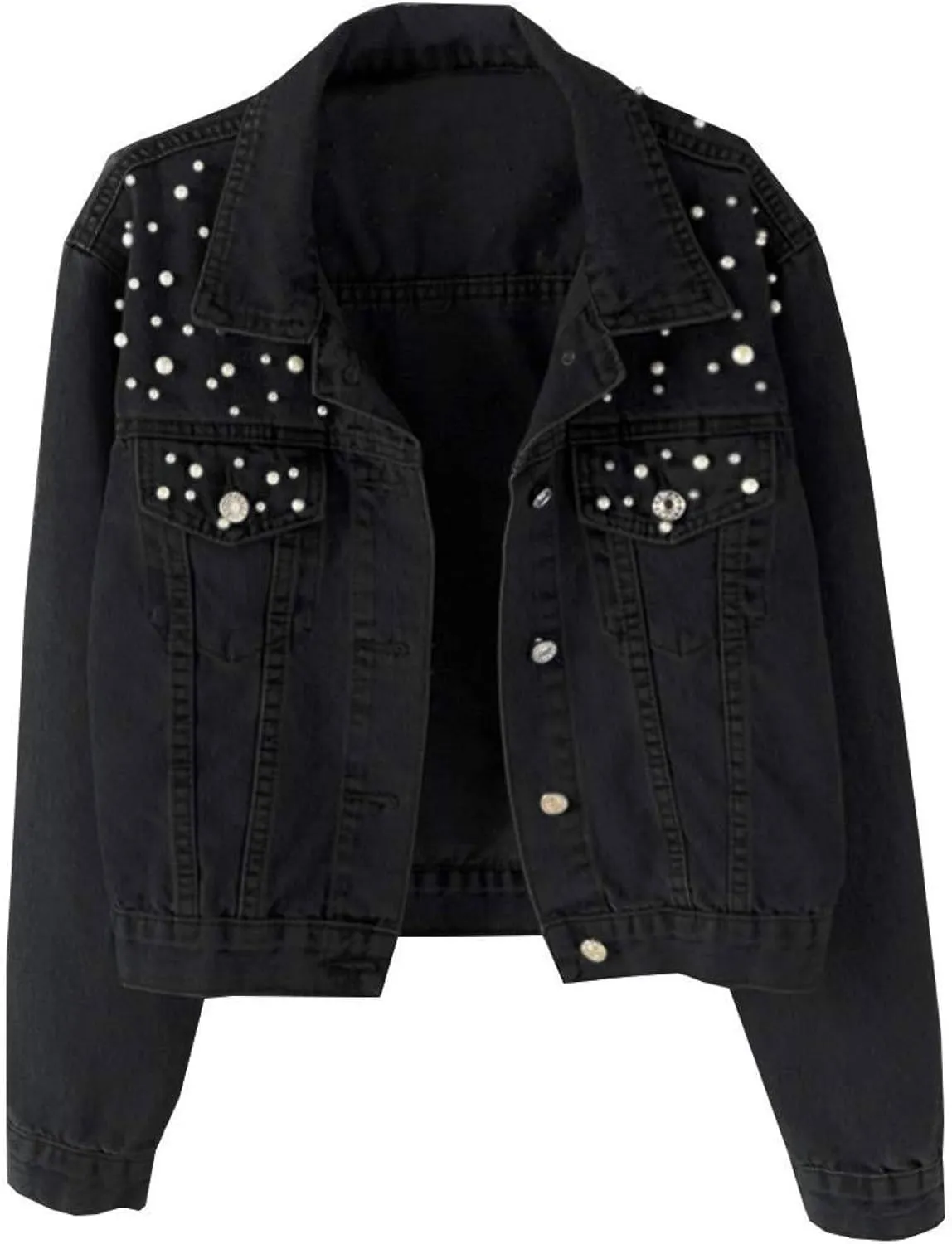 Womens Oversized Denim Jacket Embroidered Beading Pearls Short Jean Jacket Fashion Botton Down Coat