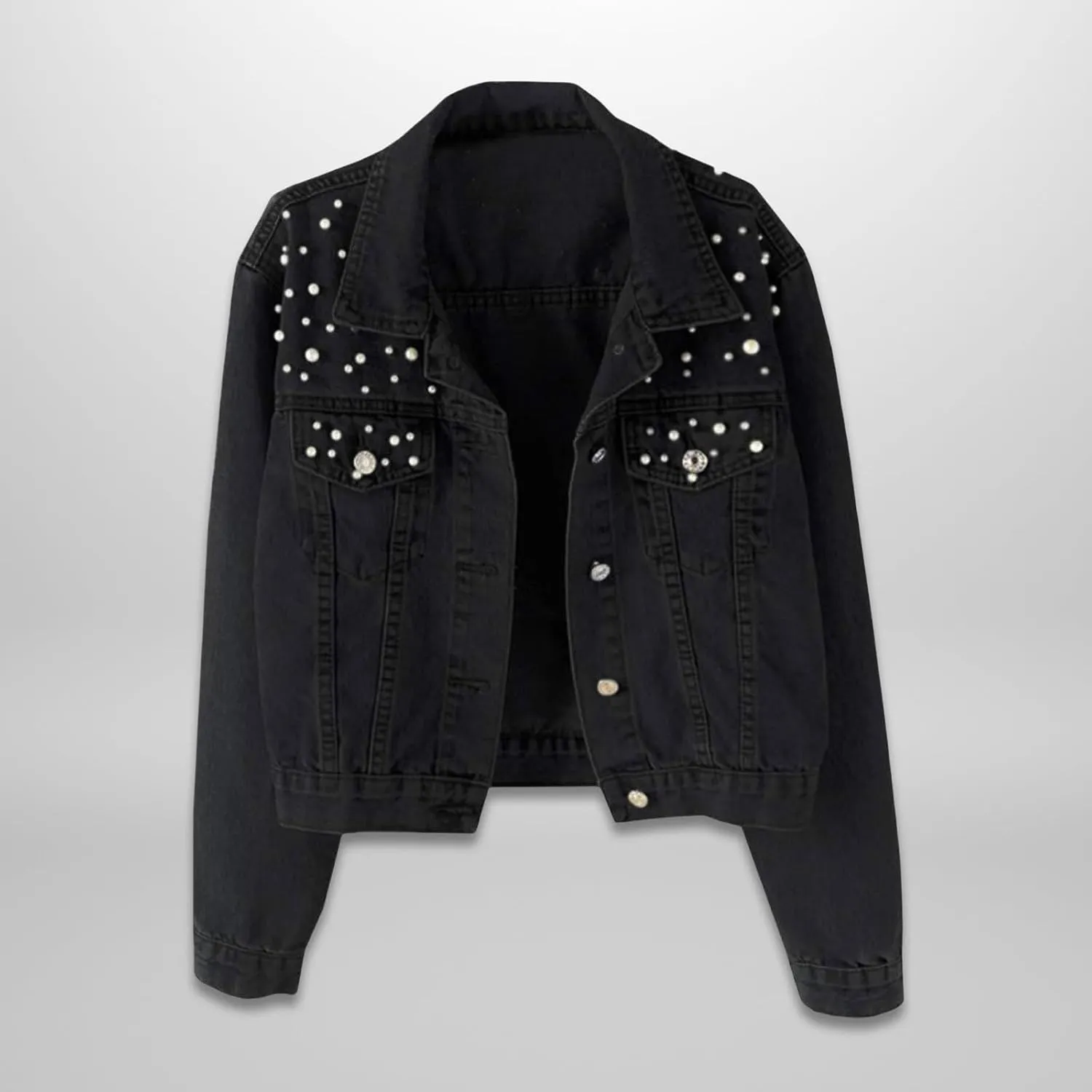 Womens Oversized Denim Jacket Embroidered Beading Pearls Short Jean Jacket Fashion Botton Down Coat