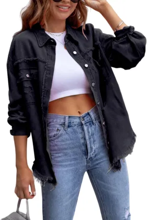 Womens Oversized Ripped Fringe Denim Jacket Casual Long Sleeve Boyfriend Jean Jacket Coat