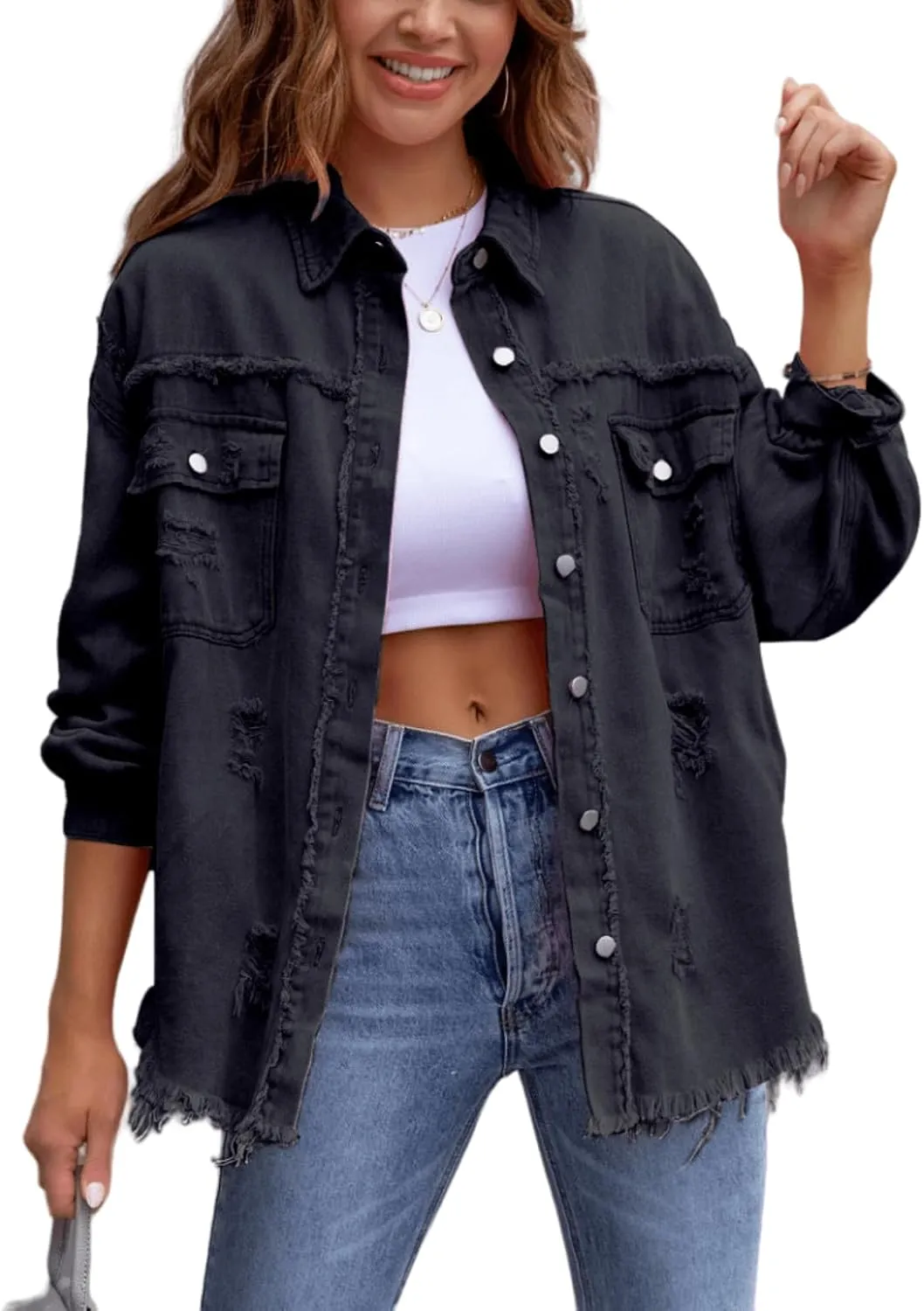 Womens Oversized Ripped Fringe Denim Jacket Casual Long Sleeve Boyfriend Jean Jacket Coat