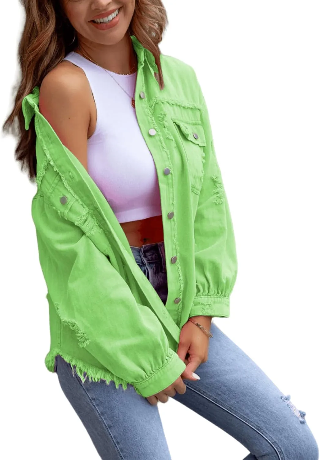 Womens Oversized Ripped Fringe Denim Jacket Casual Long Sleeve Boyfriend Jean Jacket Coat
