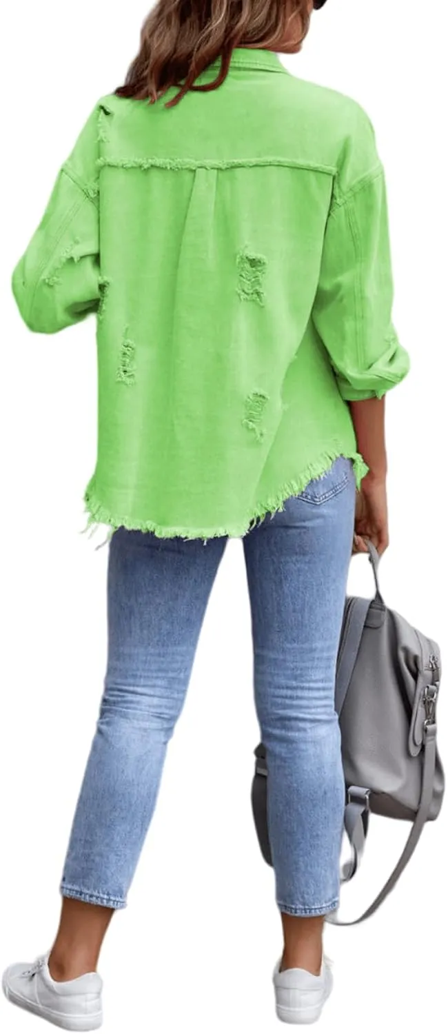 Womens Oversized Ripped Fringe Denim Jacket Casual Long Sleeve Boyfriend Jean Jacket Coat