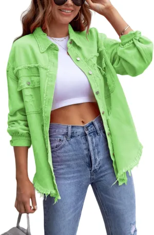 Womens Oversized Ripped Fringe Denim Jacket Casual Long Sleeve Boyfriend Jean Jacket Coat