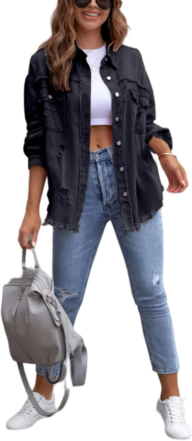 Womens Oversized Ripped Fringe Denim Jacket Casual Long Sleeve Boyfriend Jean Jacket Coat