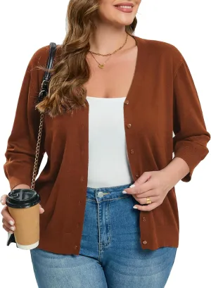 Women's Plus Size Cardigan Open Front Oversized Button Lightweight Sweaters V Neck Loose 3/4 Sleeve Cardigans Knit Outwear