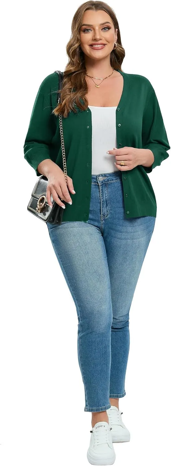 Women's Plus Size Cardigan Open Front Oversized Button Lightweight Sweaters V Neck Loose 3/4 Sleeve Cardigans Knit Outwear