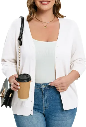 Women's Plus Size Cardigan Open Front Oversized Button Lightweight Sweaters V Neck Loose 3/4 Sleeve Cardigans Knit Outwear