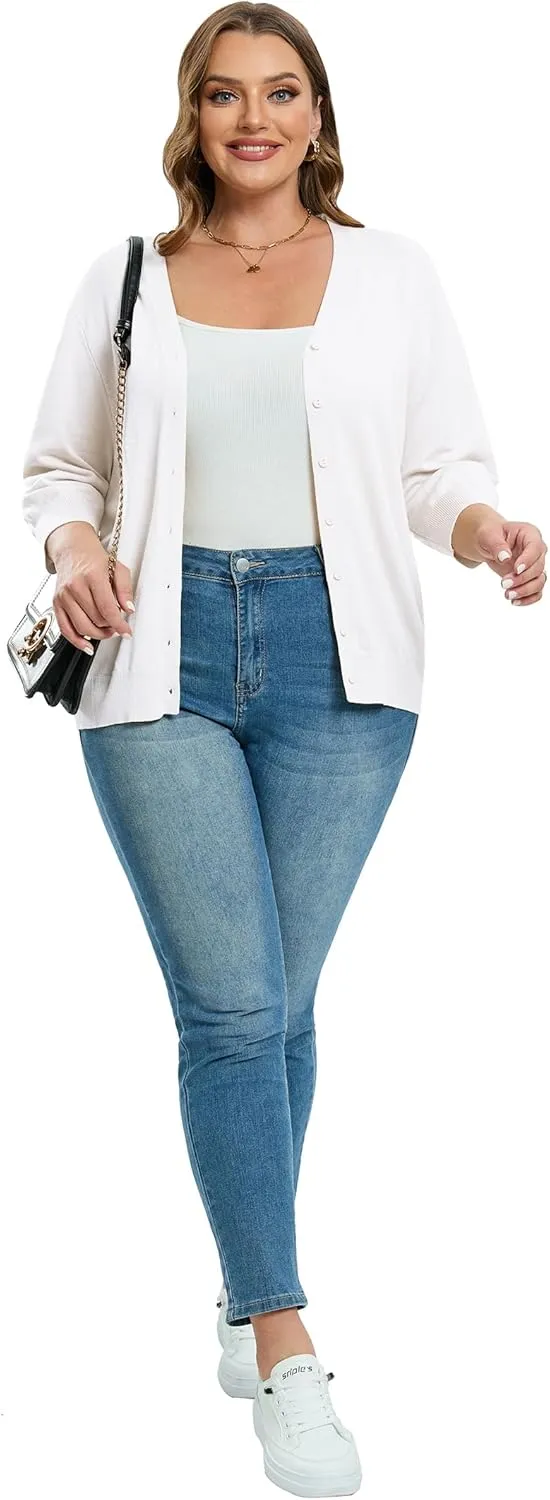 Women's Plus Size Cardigan Open Front Oversized Button Lightweight Sweaters V Neck Loose 3/4 Sleeve Cardigans Knit Outwear