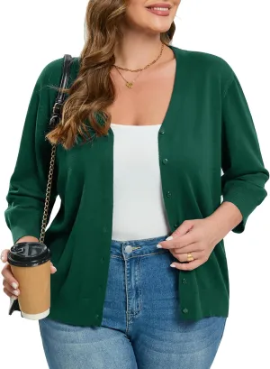 Women's Plus Size Cardigan Open Front Oversized Button Lightweight Sweaters V Neck Loose 3/4 Sleeve Cardigans Knit Outwear