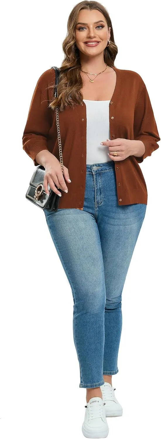 Women's Plus Size Cardigan Open Front Oversized Button Lightweight Sweaters V Neck Loose 3/4 Sleeve Cardigans Knit Outwear