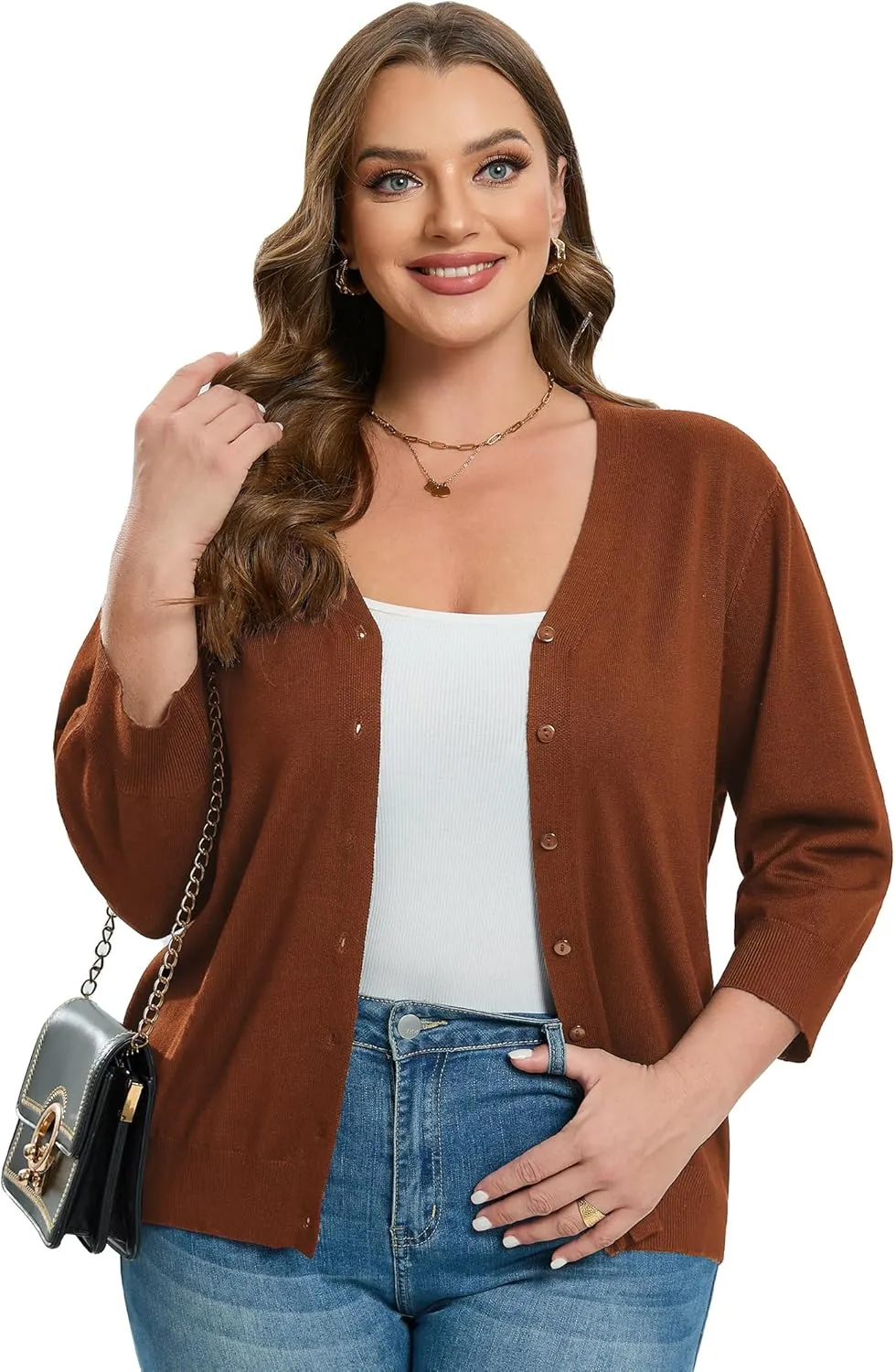 Women's Plus Size Cardigan Open Front Oversized Button Lightweight Sweaters V Neck Loose 3/4 Sleeve Cardigans Knit Outwear