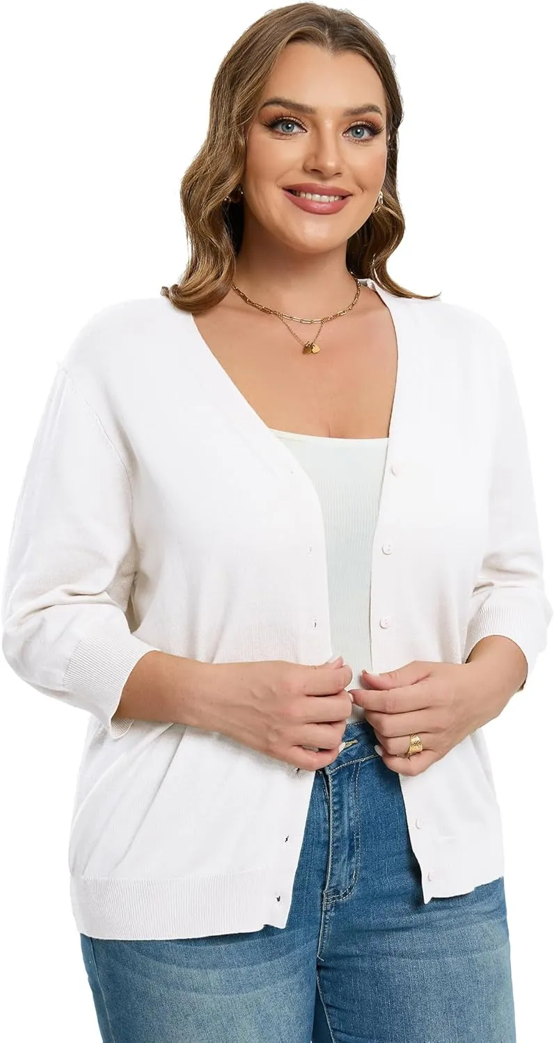 Women's Plus Size Cardigan Open Front Oversized Button Lightweight Sweaters V Neck Loose 3/4 Sleeve Cardigans Knit Outwear