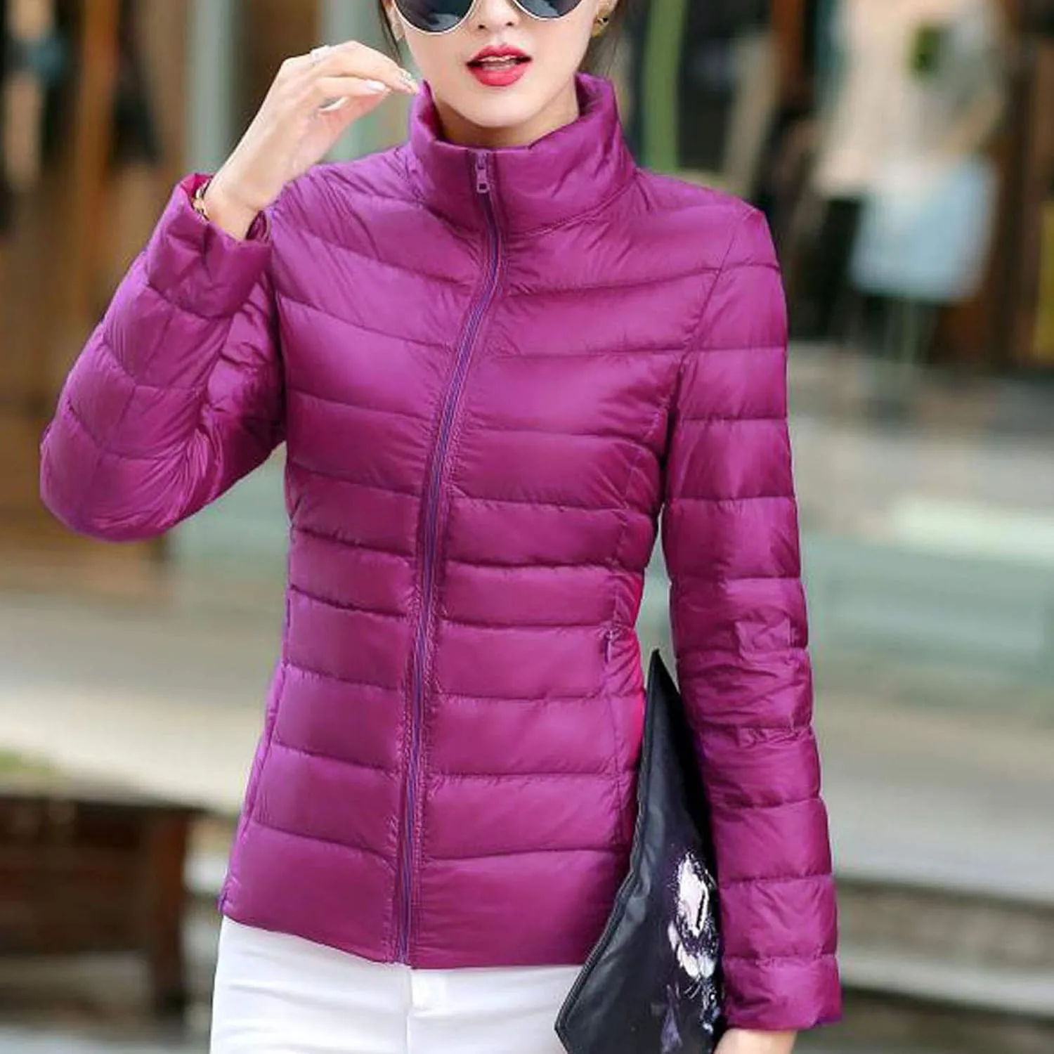 Women's Puffer Jacket Lightweight Stand Collar Coat Zip up down Jackets Winter Warm Outerwear with Pockets