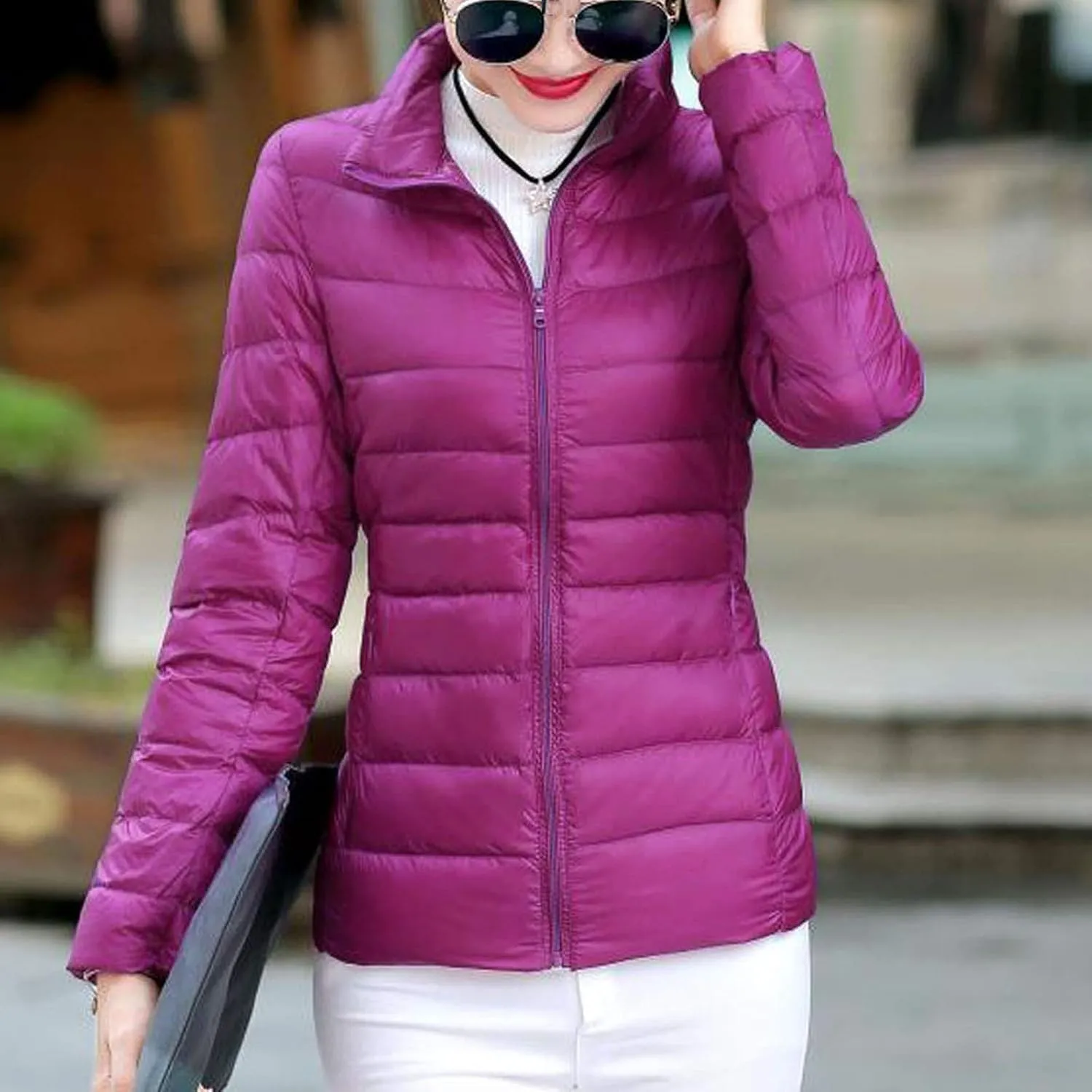 Women's Puffer Jacket Lightweight Stand Collar Coat Zip up down Jackets Winter Warm Outerwear with Pockets