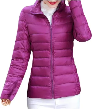 Women's Puffer Jacket Lightweight Stand Collar Coat Zip up down Jackets Winter Warm Outerwear with Pockets