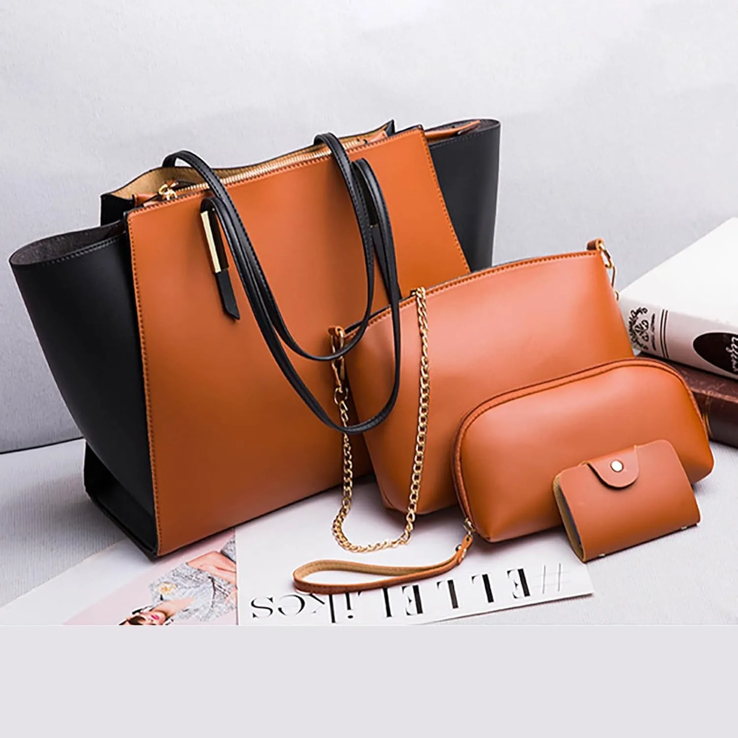 Women's Purses And Handbags Large Capacity Shoulder Bag Fashion Tote Handbag Soft Faux Pu Leather Wallet 4Pcs