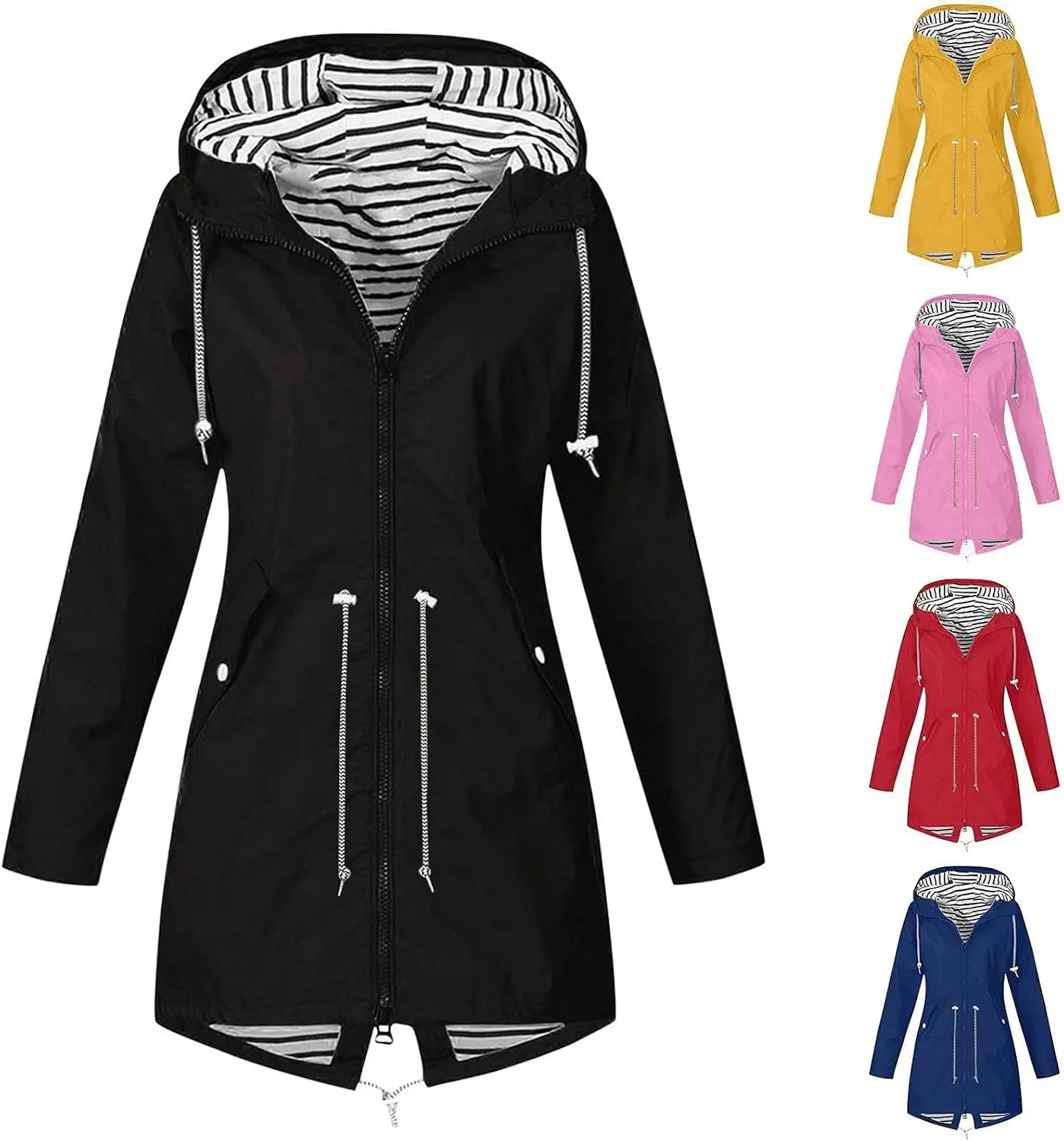 Womens Rain Jacket Lightweight Waterproof Long Hooded Raincoat Striped Lined Hiking Travel Trench Coats Windbreaker