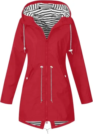 Womens Rain Jacket Lightweight Waterproof Long Hooded Raincoat Striped Lined Hiking Travel Trench Coats Windbreaker