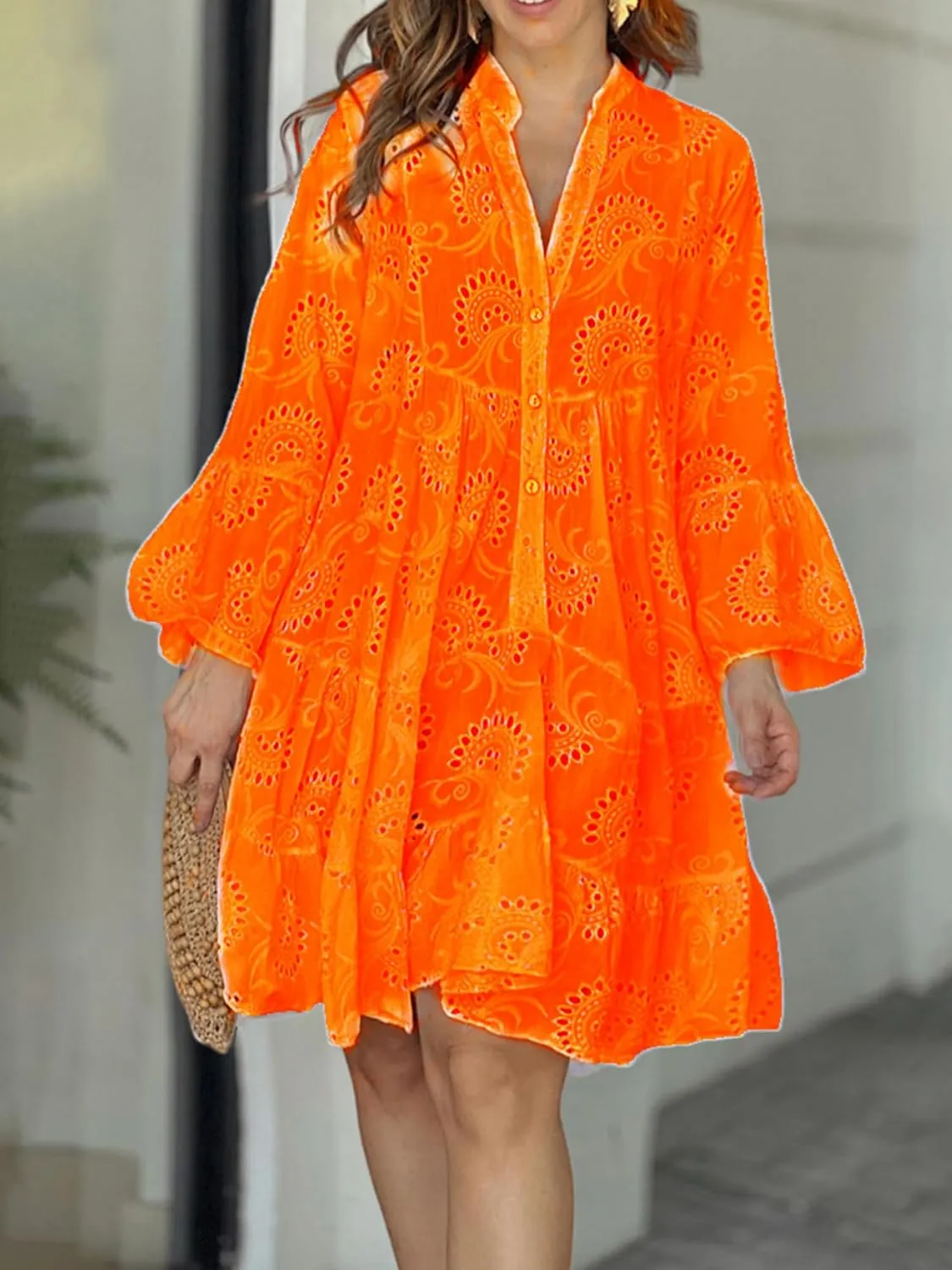 Womens Ruffles Boho Dress Floral Eyelet Embroidery Lace Babydoll Loose Swing Long Sleeve Button Short Mini Dress